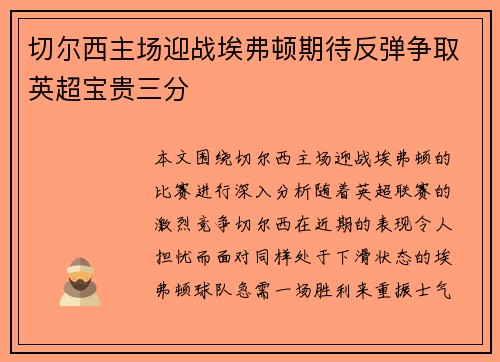切尔西主场迎战埃弗顿期待反弹争取英超宝贵三分