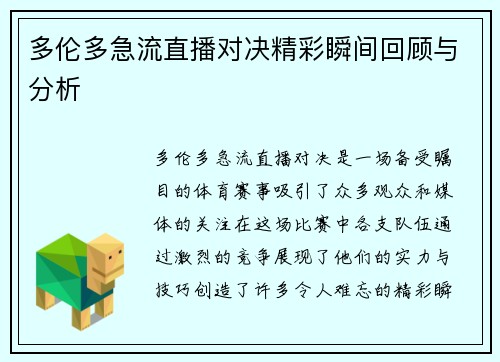 多伦多急流直播对决精彩瞬间回顾与分析